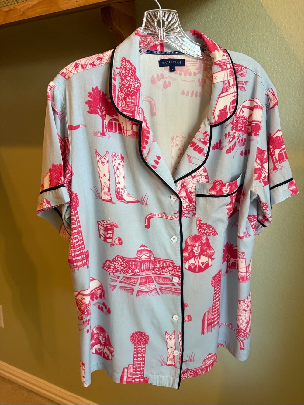 Katie Kime Dallas Toile Cotton Pajama Set Blue Pink Size Large
